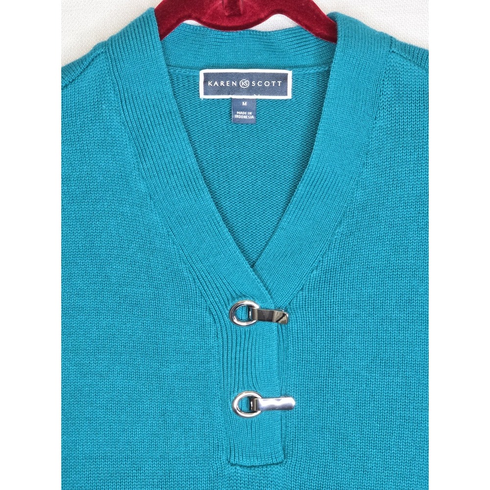 Karen Scott Henley Pullover Teal Green‎ Sweater W/Silver Accent Closures SZ: MED - Picture 3 of 4